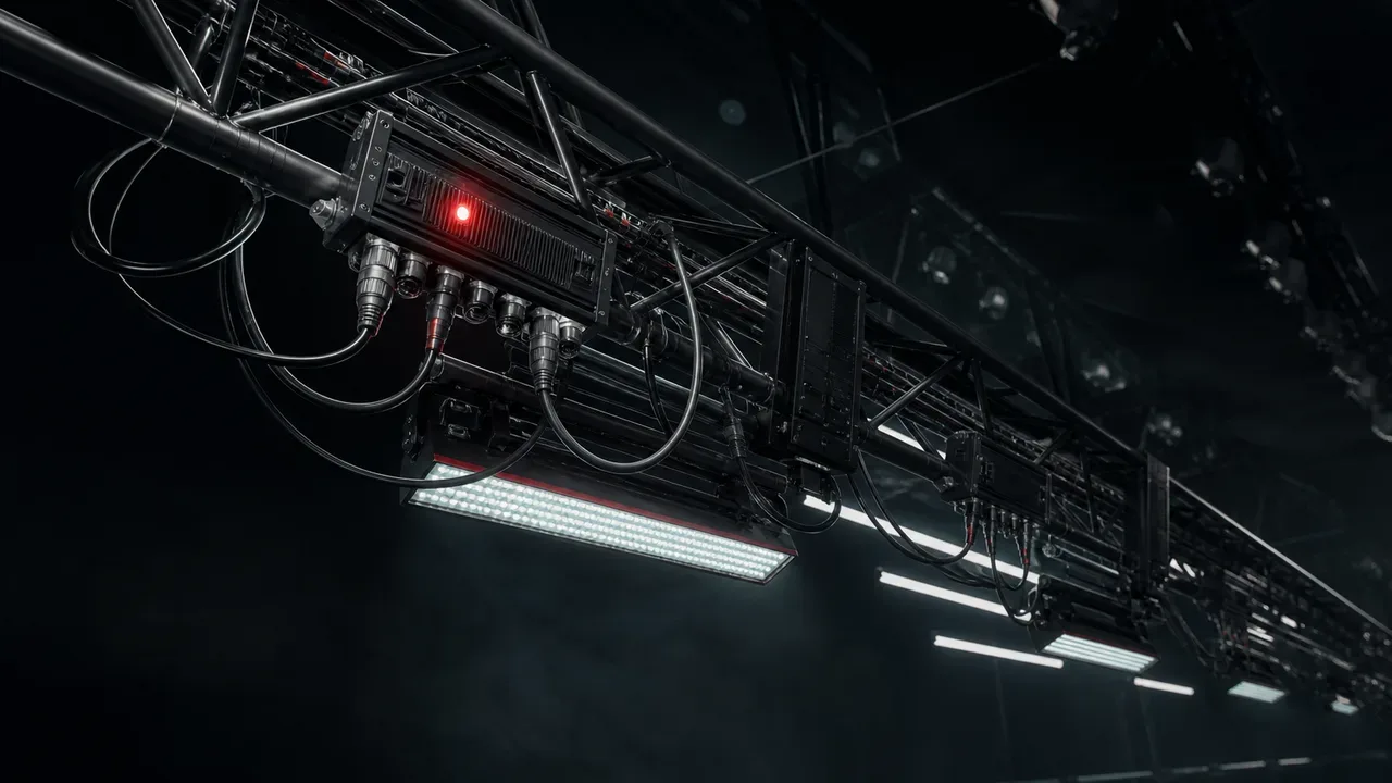 Treliça de iluminação de cinema com luminárias LED conectadas via cabos EtherCON e nós de rede RDM em estúdio