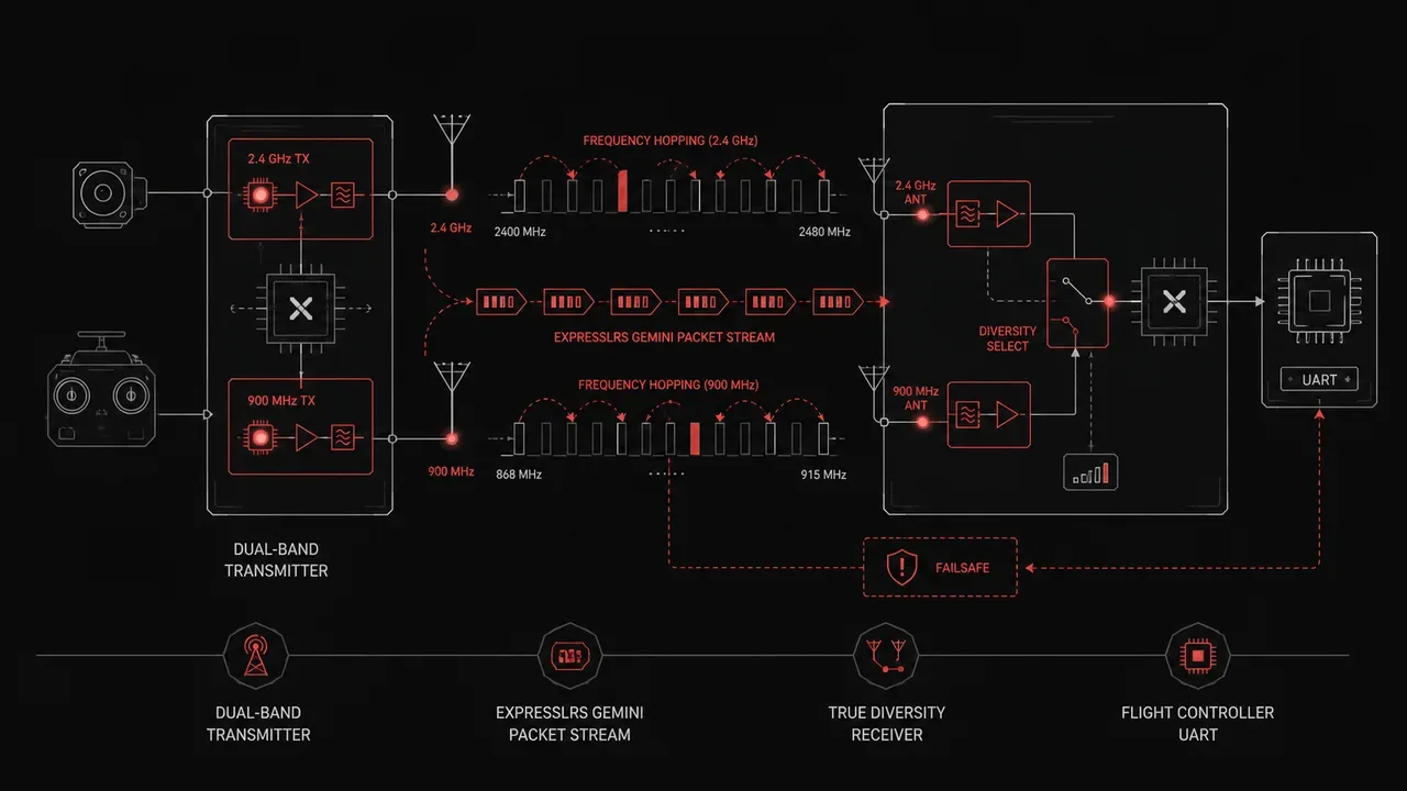 Diagrama técnico da arquitetura de transmissão ExpressLRS Gemini e receptor de diversidade