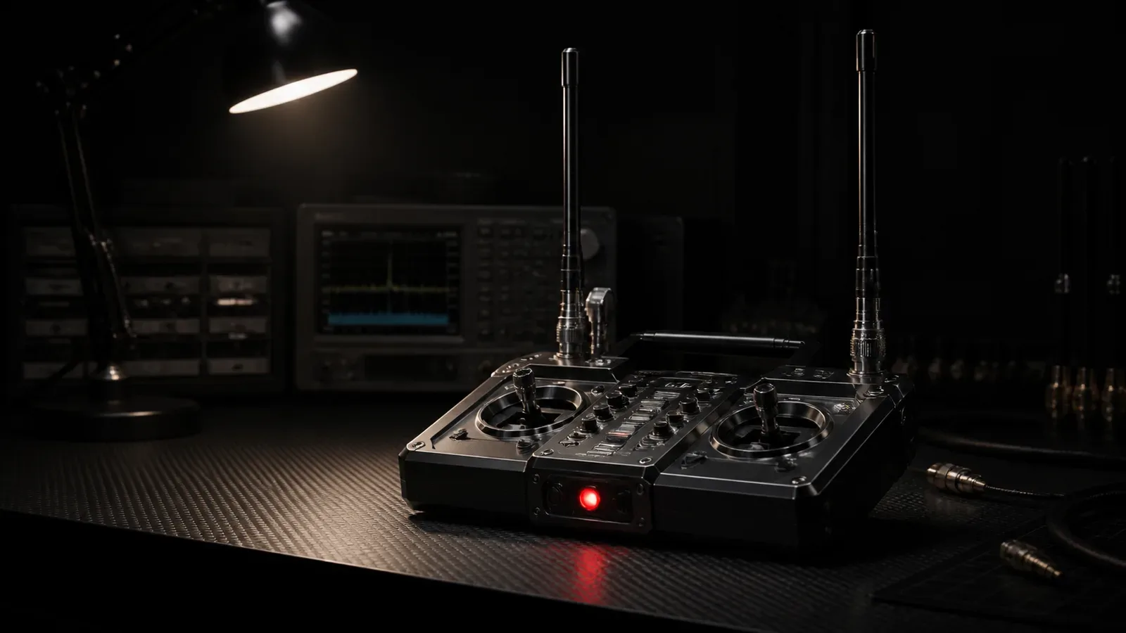 Transmissor de rádio FPV com módulo de transmissão e indicador de telemetria aceso na bancada