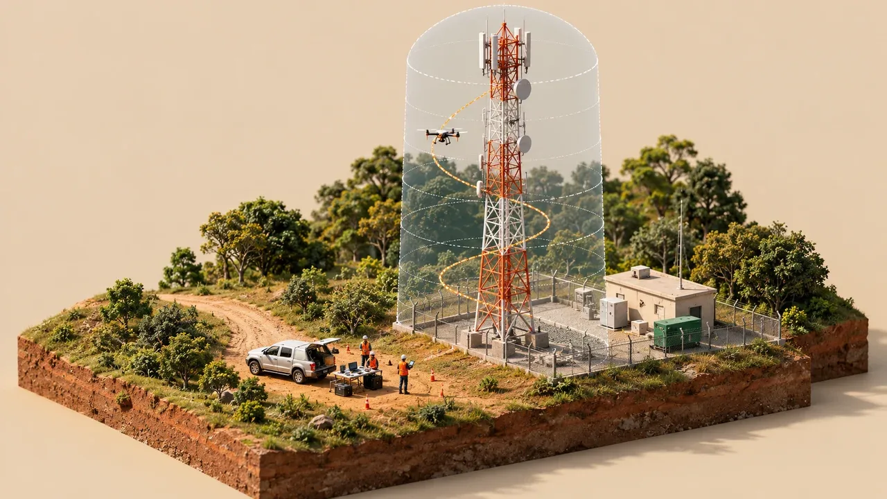 Maquete isométrica de inspeção técnica de torre vertical com drone e envelope de segurança de 30 metros