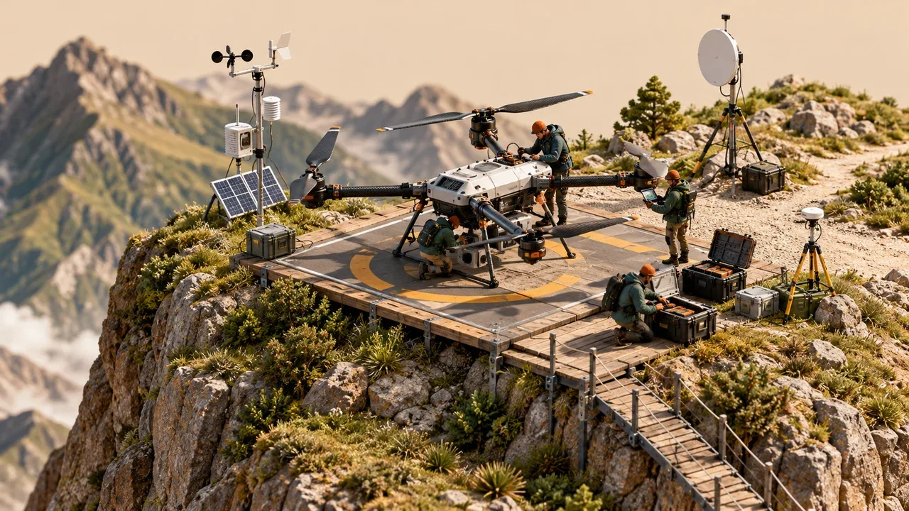 Maquete em miniatura de decolagem de drone em alta altitude alpina com sensores barométricos e telemetria