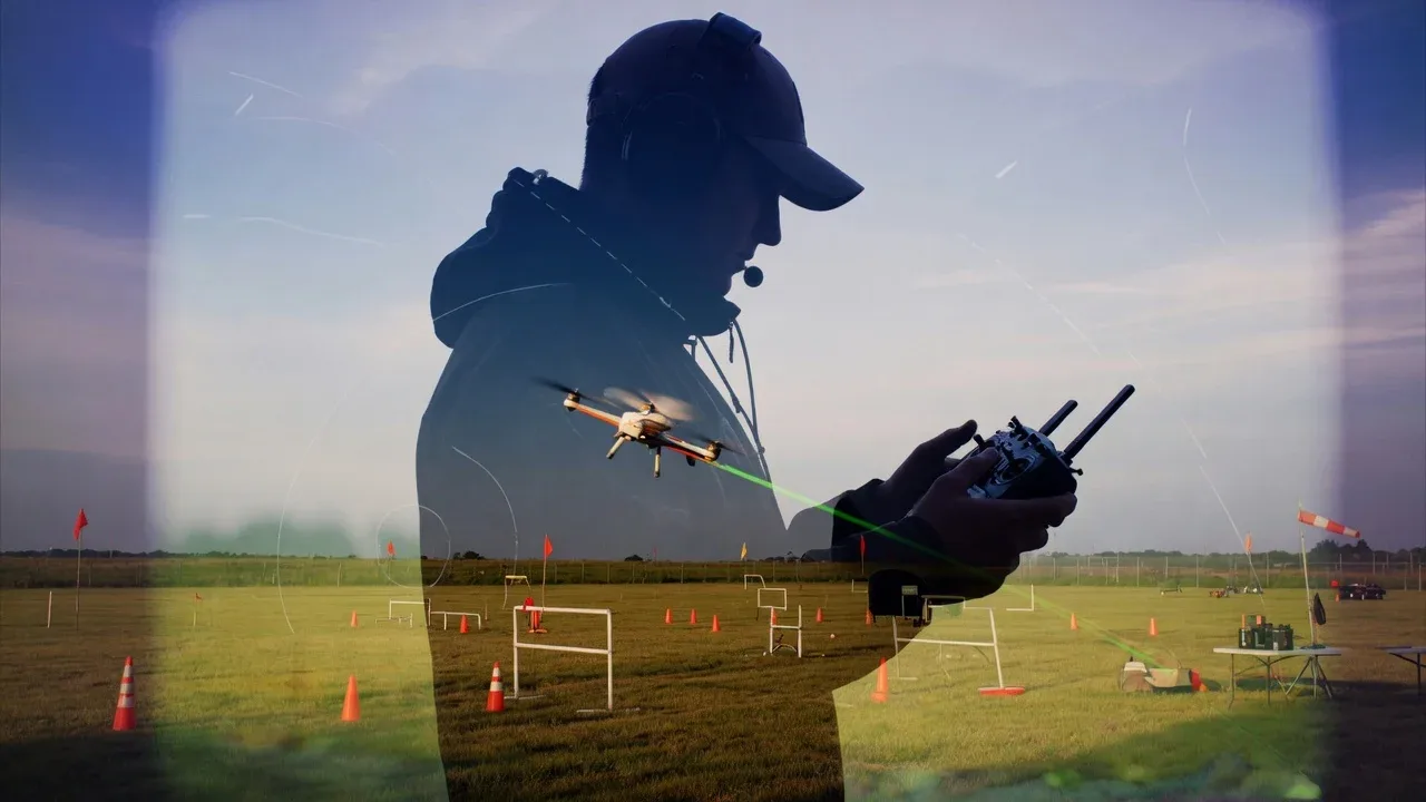 Piloto profissional com óculos de imersão e rádio operando drone em campo aberto