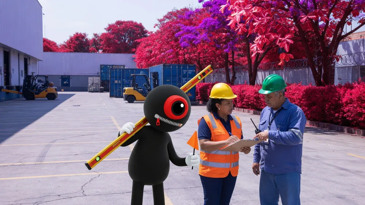 Diretor de operações e supervisor dialogando no pátio logístico com o mascote de apoio