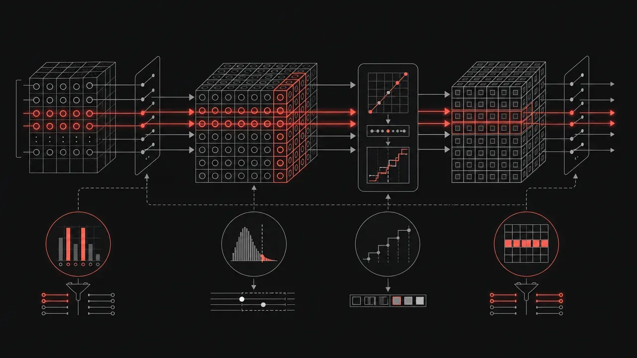 Diagrama esquemático em fundo grafite com canais de ativação destacados em linhas carmim conectando tensores quantizados