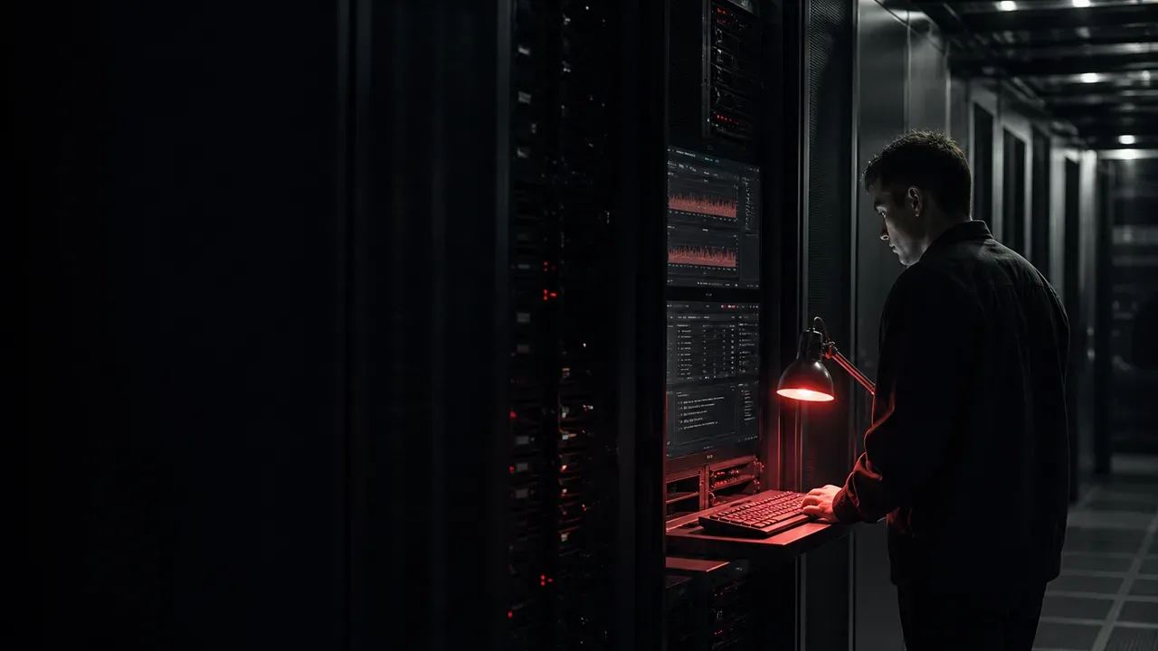 Engenheiro de infraestrutura monitorando telemetria de latência e consumo de VRAM em racks de servidores sob luz de trabalho carmim focal