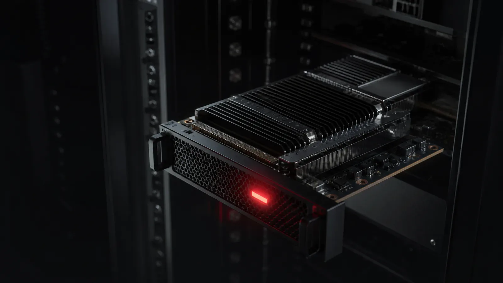 Acelerador neural de datacenter com dissipador em grafite fosco e indicador LED carmim iluminado sob iluminação chiaroscuro