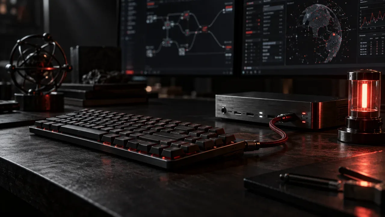 Mesa de engenharia de software com teclado mecânico conectado por cabo trançado e estação de docagem