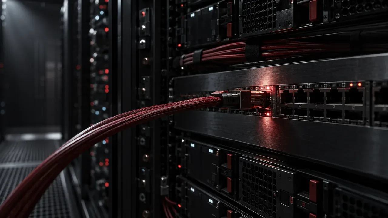 Rack corporativo de servidores com cabo óptico blindado e switch de rede em ambiente de data center