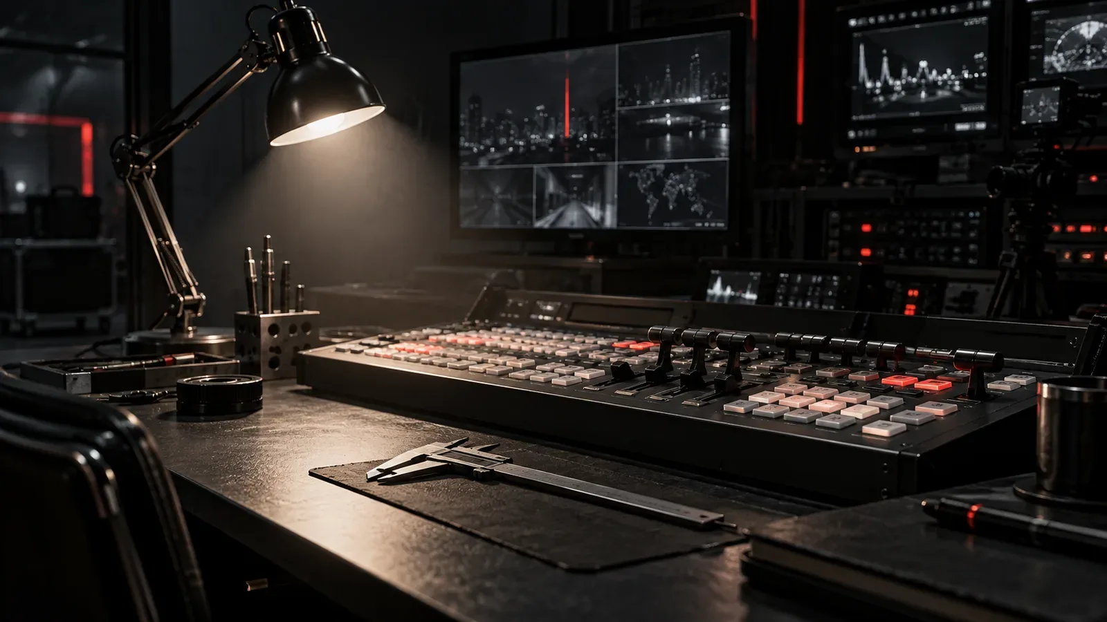 Estação de trabalho executiva com console de produção audiovisual, faders táteis e iluminação direcional focada