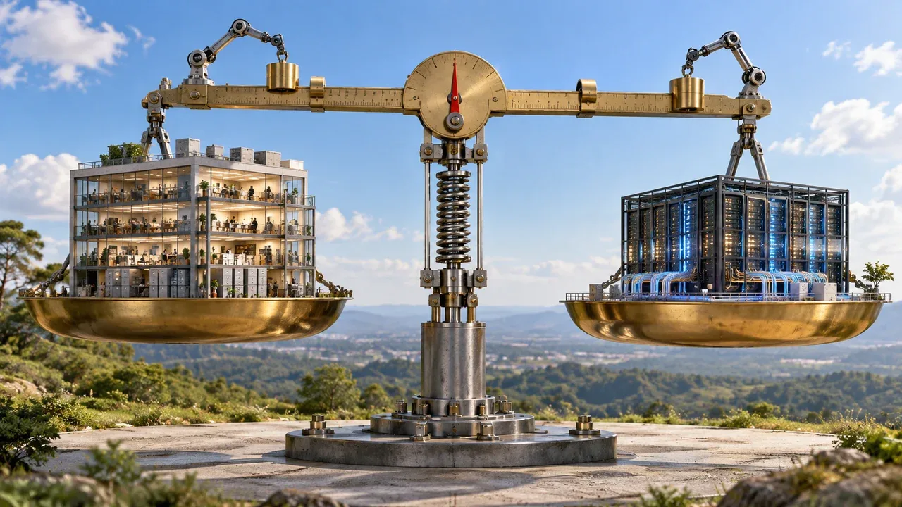 Balança industrial mecânica com mundos em miniatura de escritório corporativo e data center óptico