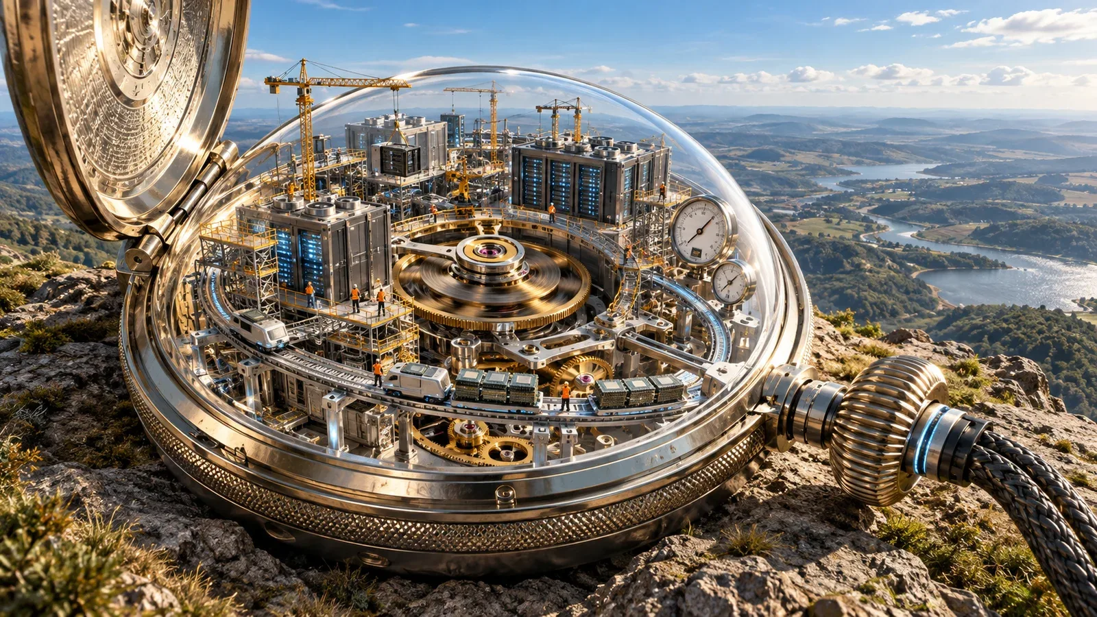 Cronômetro de precisão gigante com campus de computação em miniatura em seu interior