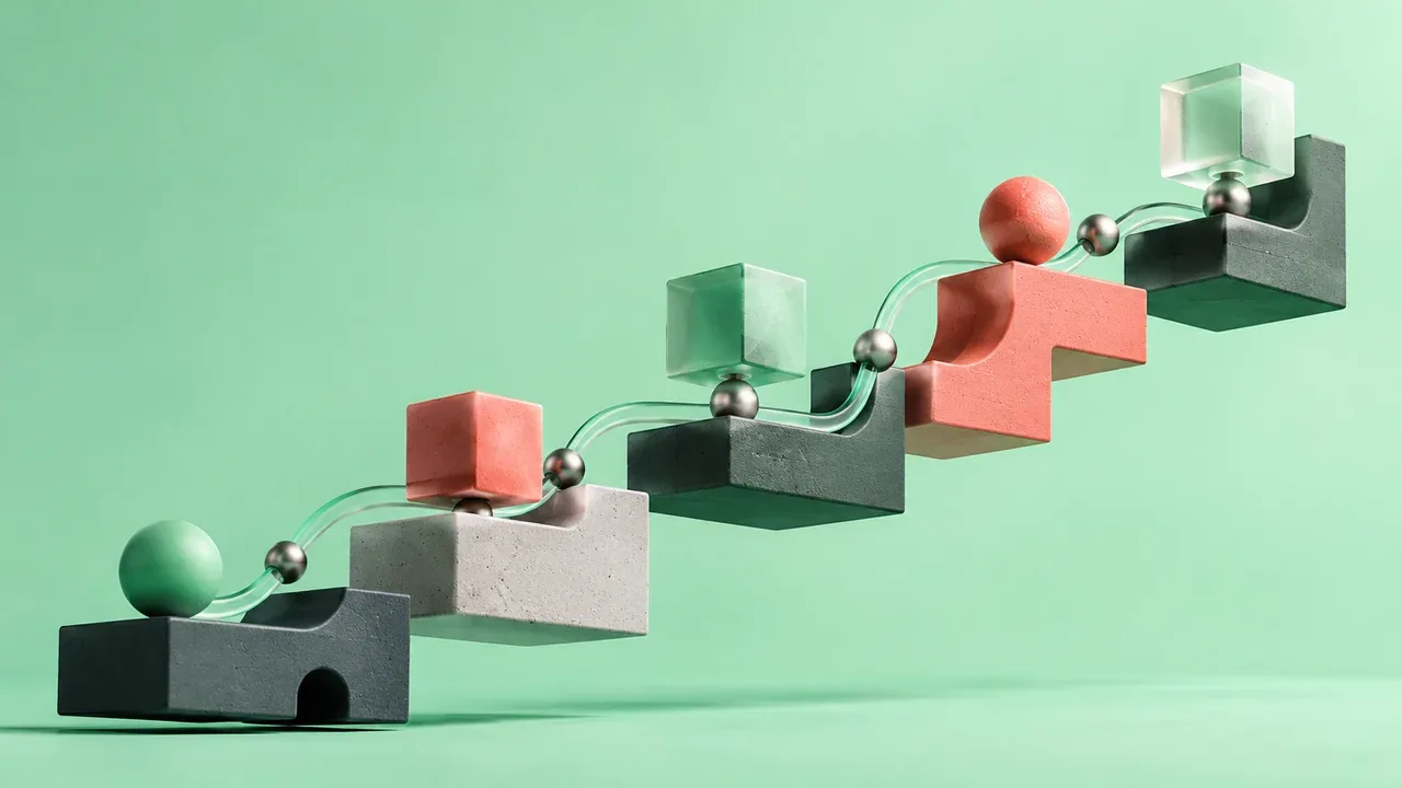 Estrutura conceitual 3D com prismas e módulos geométricos alinhados em trajetória ascendente