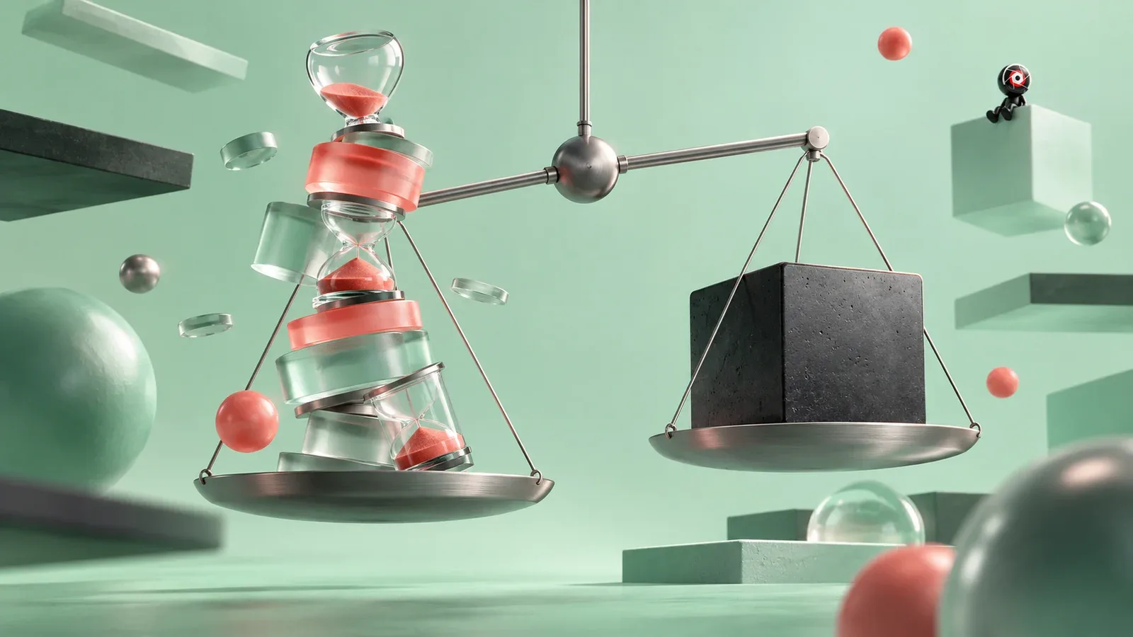 Composição conceitual 3D com balança geométrica contrapondo volume modular de software a ampulhetas e cilindros