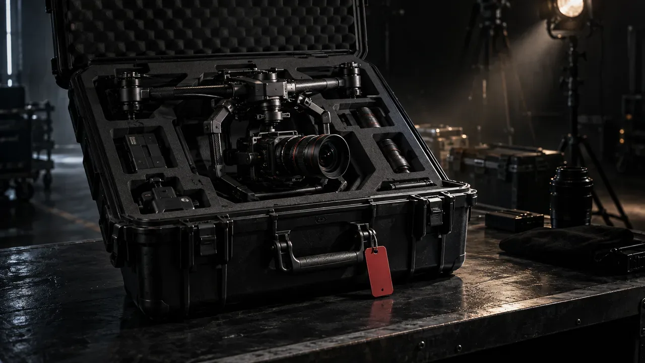 Maleta rígida com drone cinematográfico e etiqueta técnica carmim
