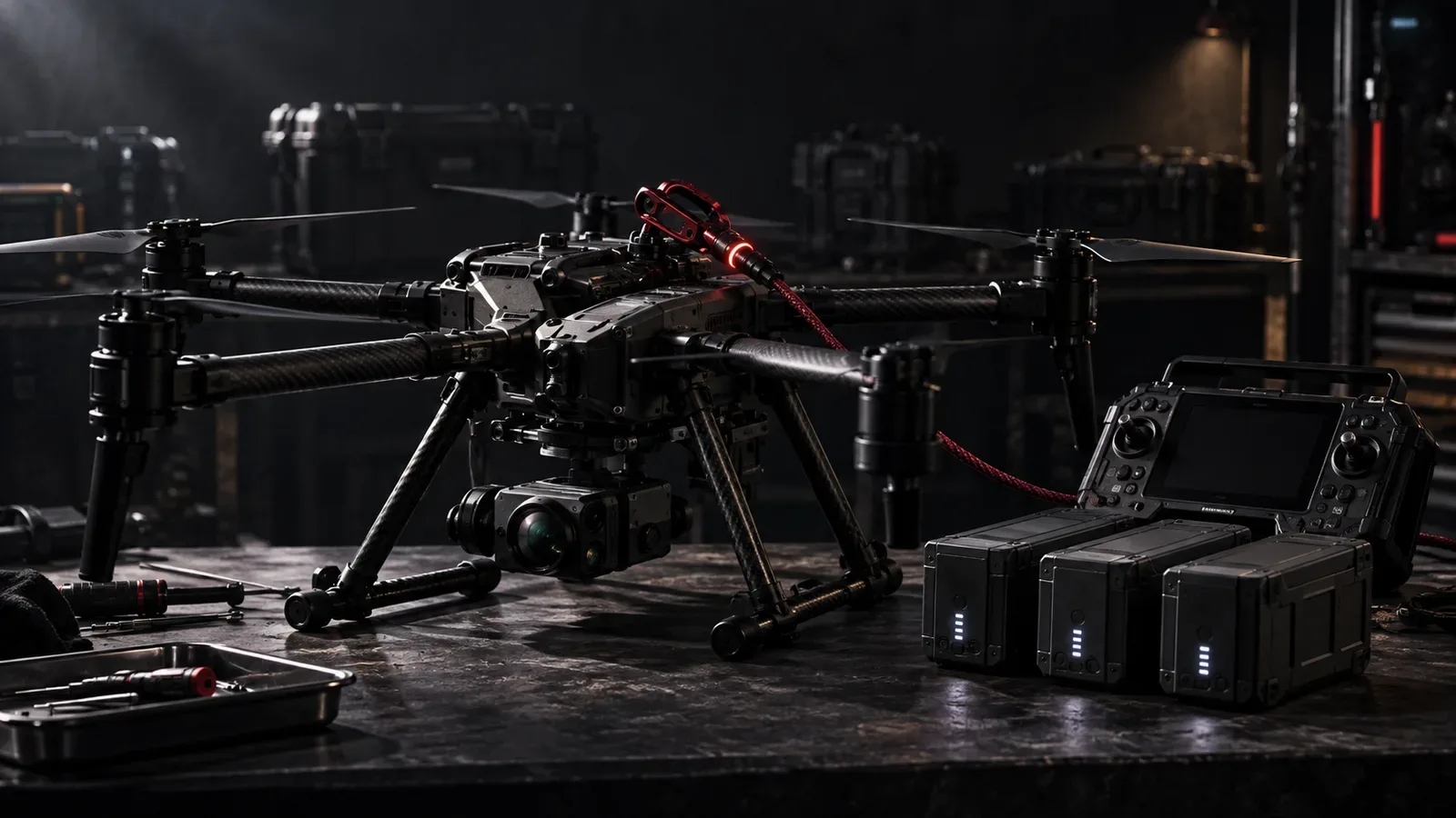 Drone profissional de fibra de carbono em bancada de engenharia aeroespacial