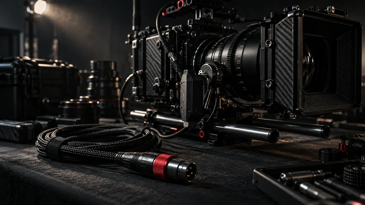 Câmera de cinema profissional montada em rig para gravação corporativa