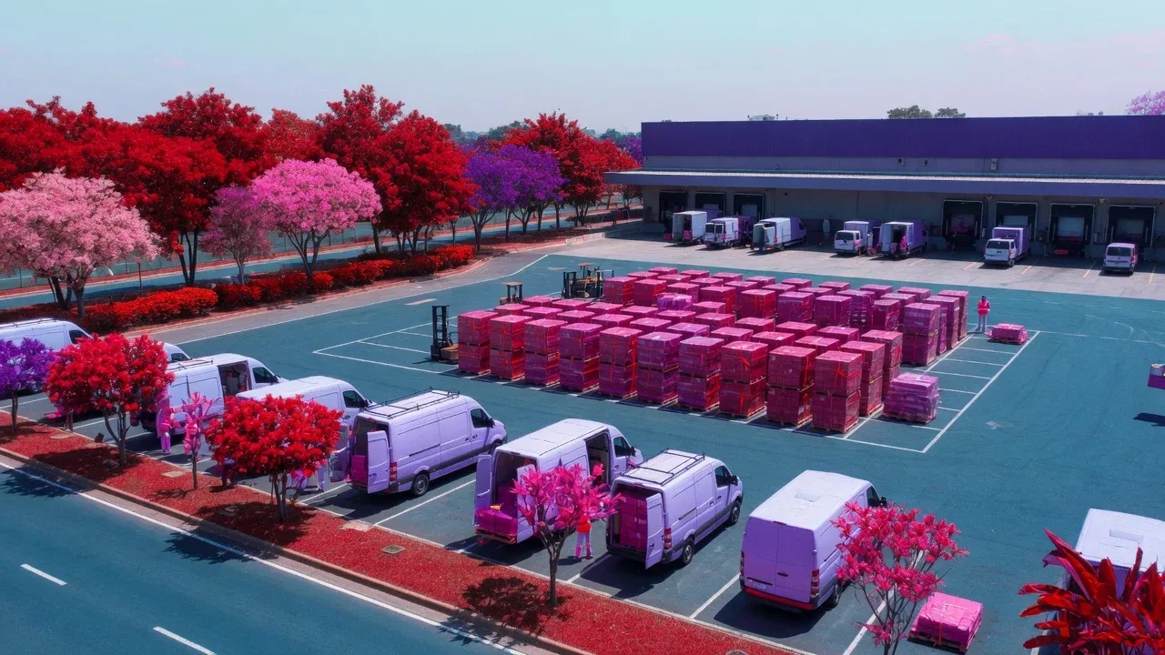 Entrada de centro de distribuição comercial com paletes empilhados e veículos de entrega em operação enxuta