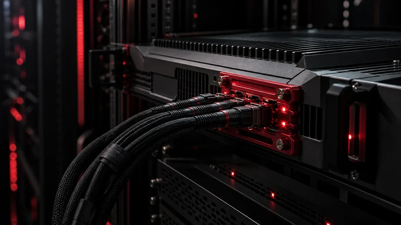 Hardware de telemetria e infraestrutura de rastreamento server-side em iluminação direcional chiaroscuro com acento carmim