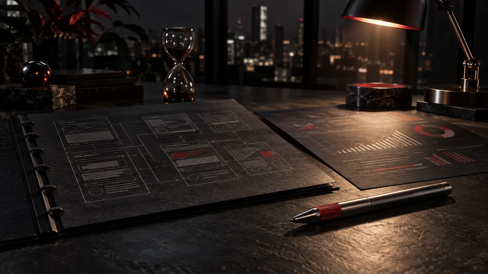 Mesa executiva de planejamento de landing page e arquitetura de conversão sob estética chiaroscuro com acento carmim