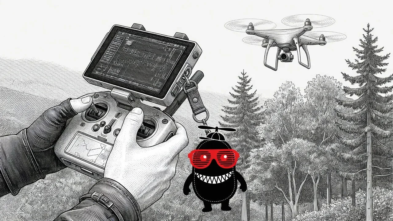 Controle remoto profissional de drone exibindo telemetria de voo e nível de bateria durante filmagem externa