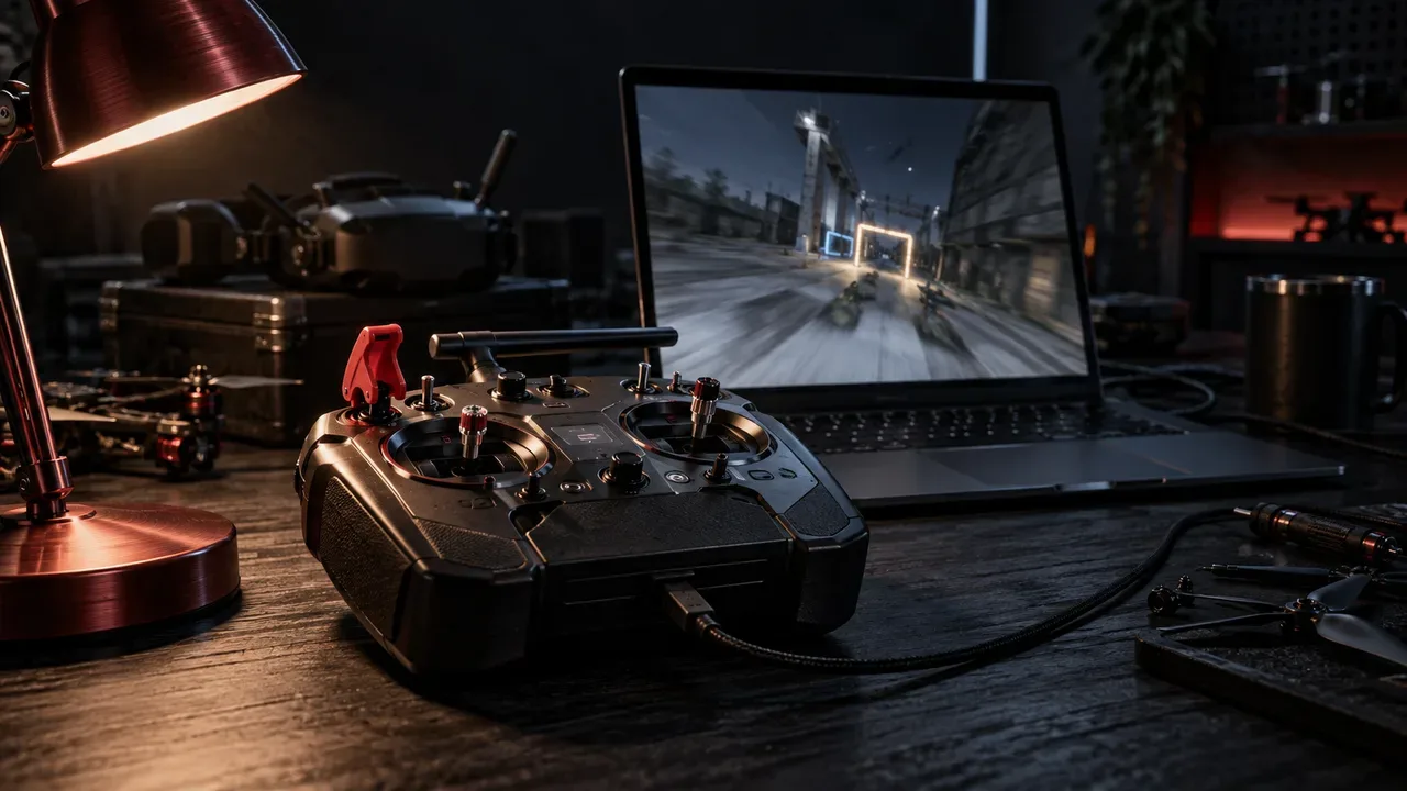 Piloto calibrando rádio FPV conectado por cabo USB-C metálico a laptop escuro com simulador de voo e iluminação ambiente carmim