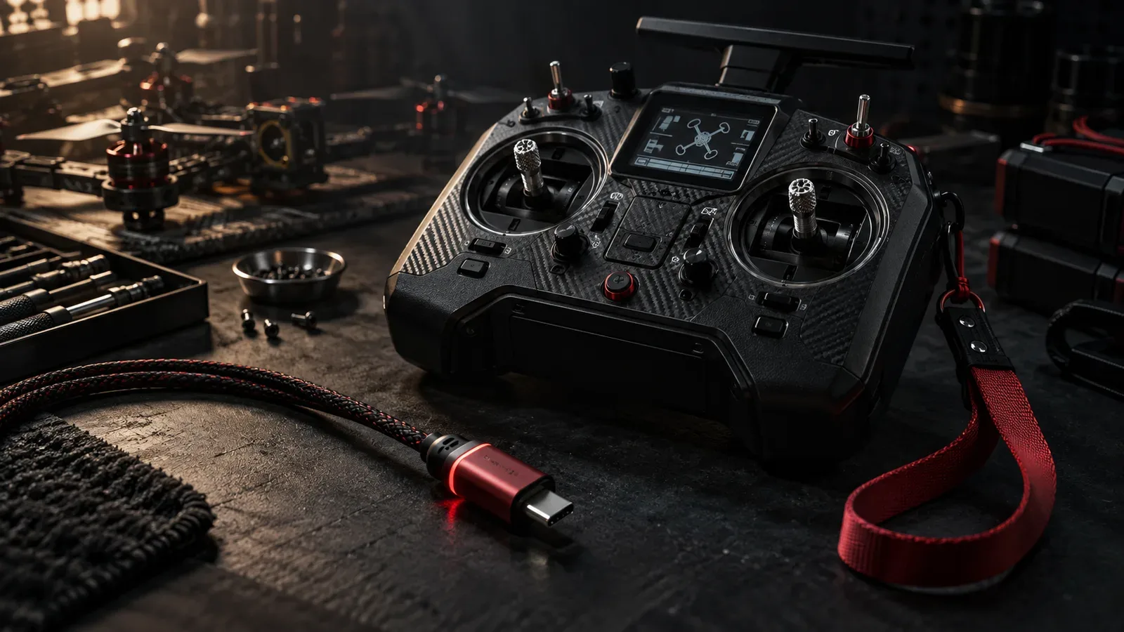 Rádio transmissor para drone FPV em bancada escura de testes com gimbals Hall e detalhes de acabamento em carmim