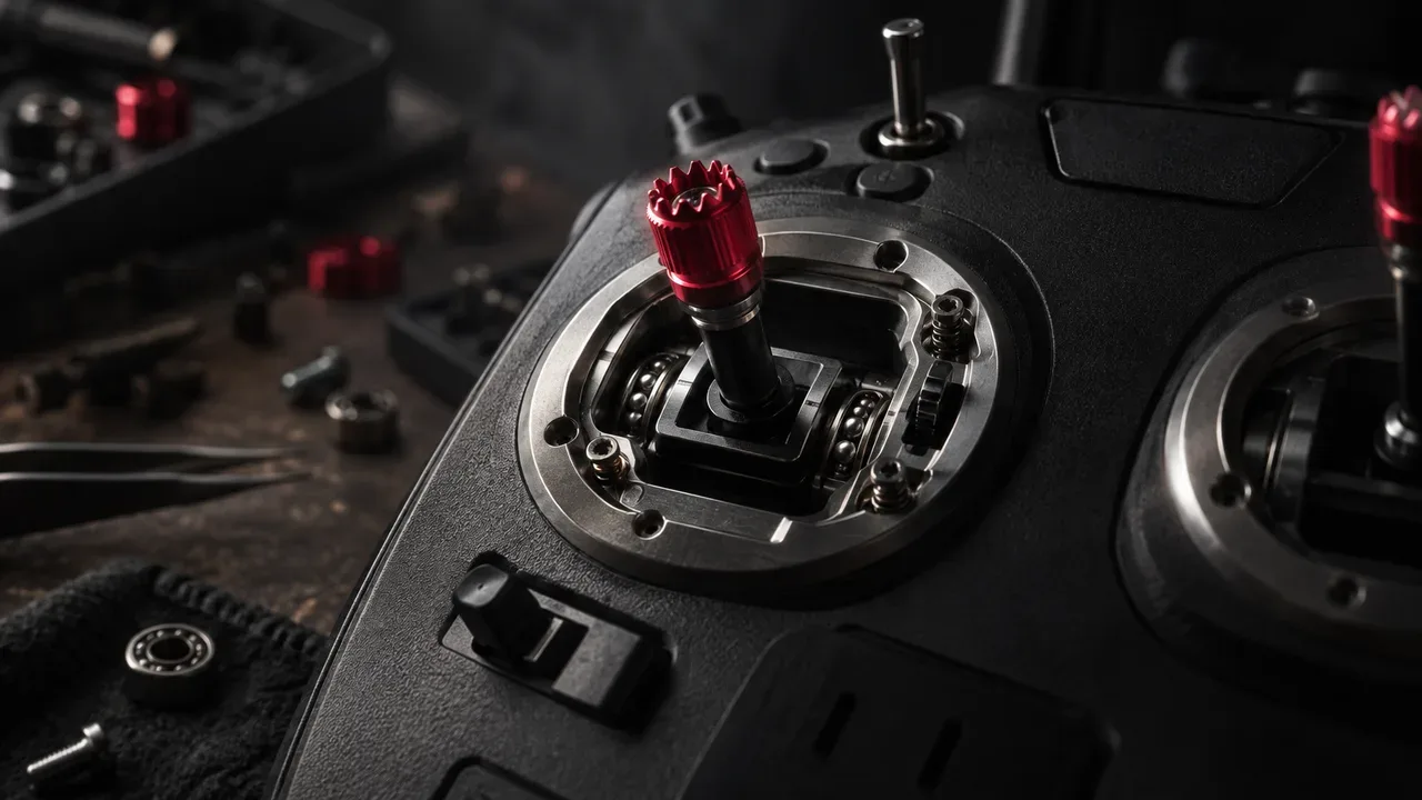 Gimbal Hall V4.0 com sensor magnético e anel de acabamento carmim no rádio TX12