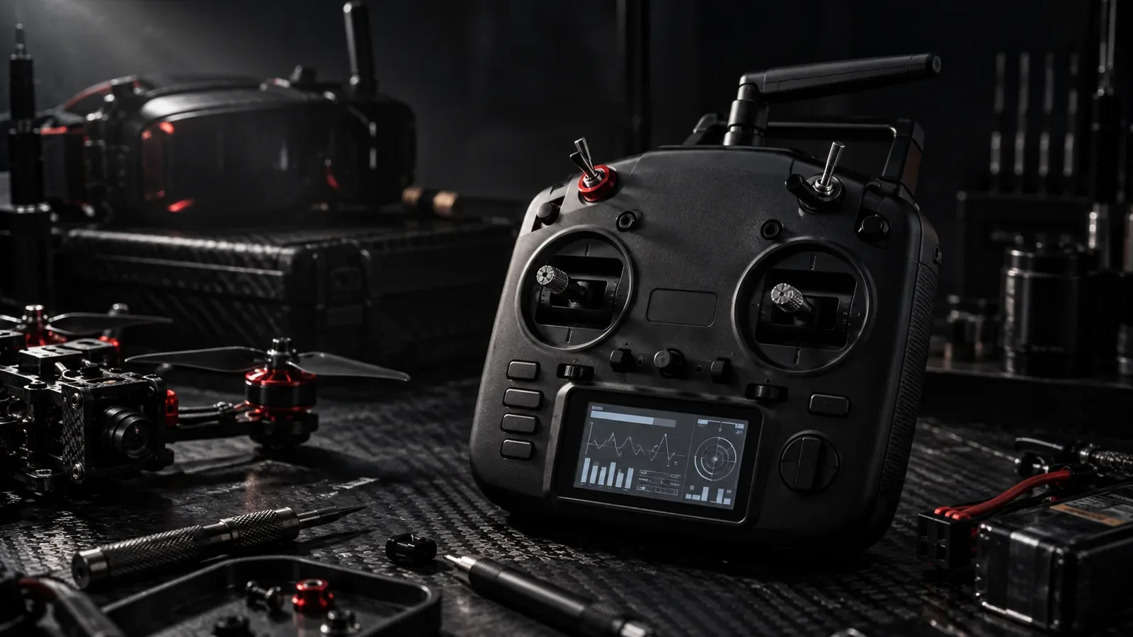 Transmissor RadioMaster TX12 com gimbals Hall e acabamento grafite na bancada de testes