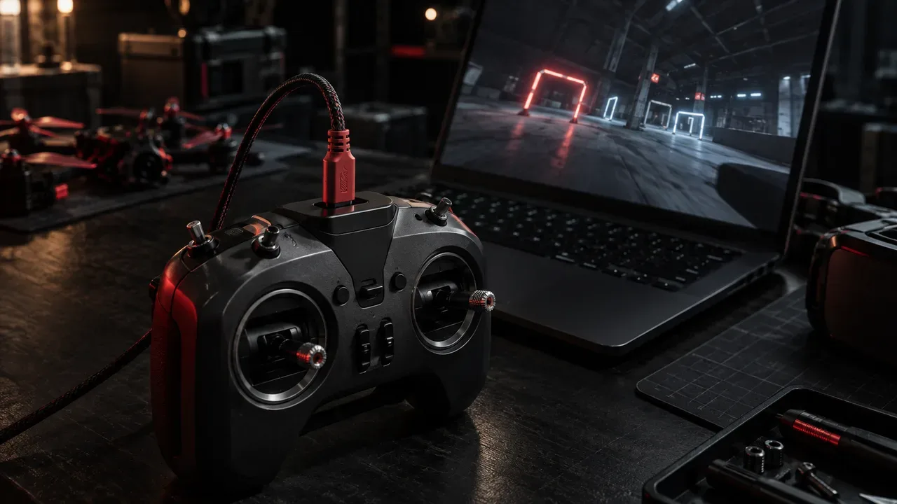 Conexão USB-C superior do rádio em estação de trabalho de simulador de voo com cabo reforçado em primeiro plano