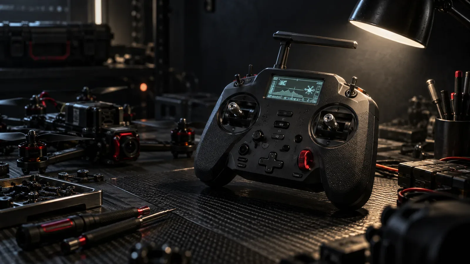 RadioMaster Pocket com acabamento escuro e sticks metálicos em bancada técnica de testes