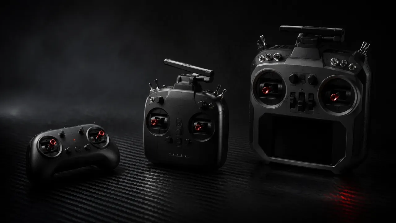 Comparativo em estúdio de três formatos de rádio: Pocket, TX12 MKII e Boxer na bancada de fibra de carbono