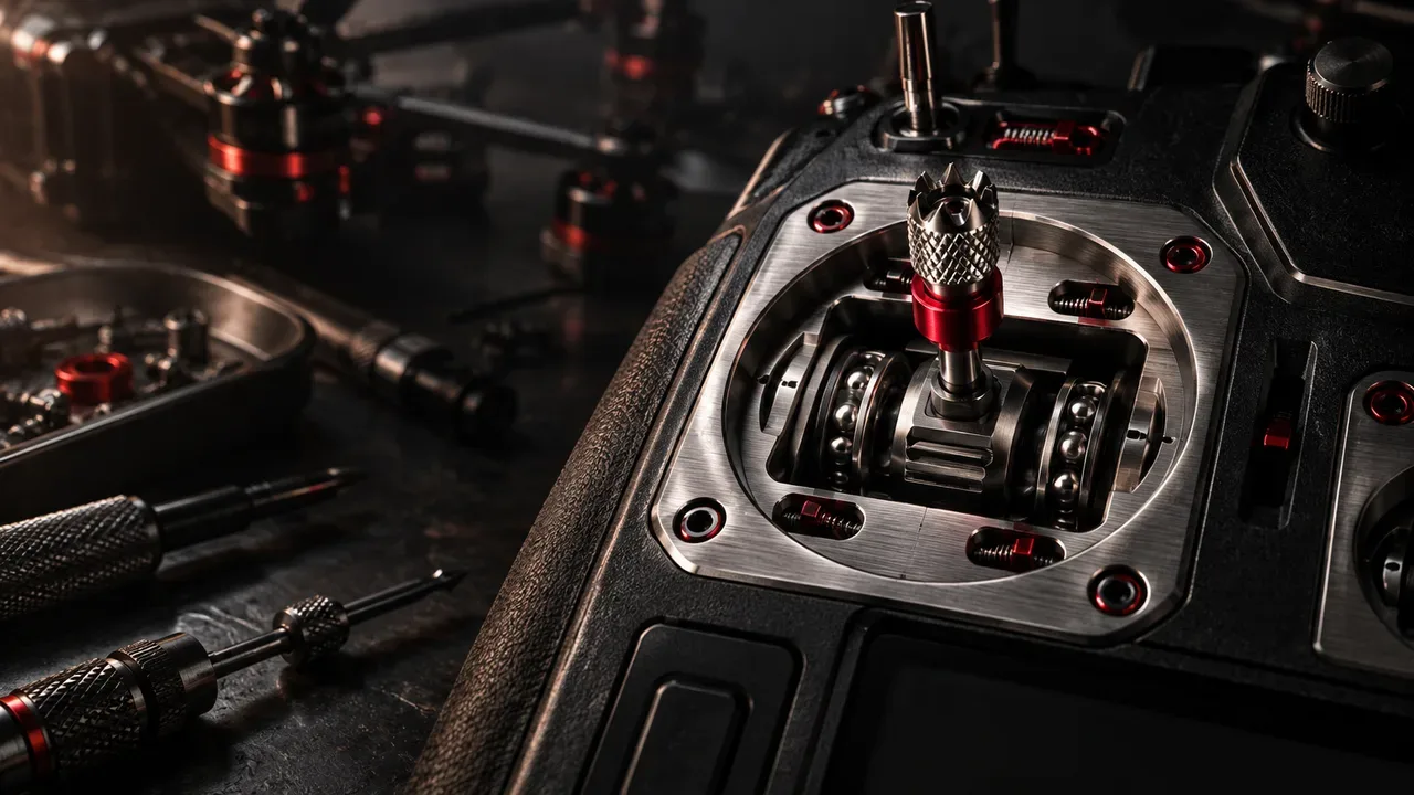 Conjunto de gimbals AG01 usinados em alumínio CNC e anel anodizado instalados no chassi do RadioMaster TX16S