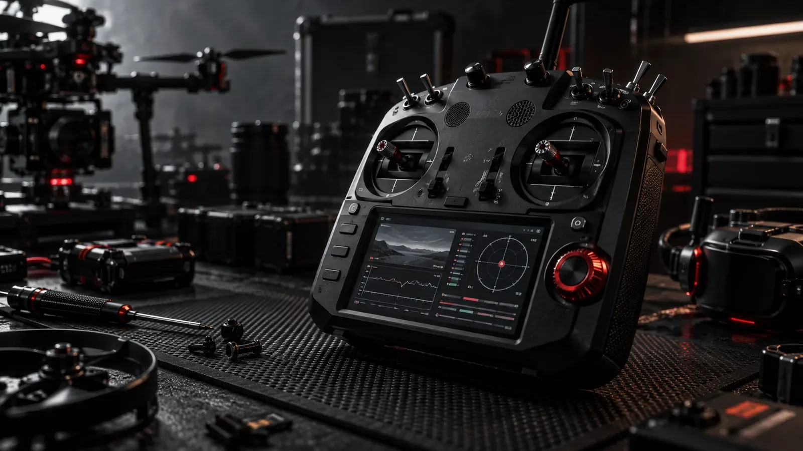 Transmissor RadioMaster TX16S MKII com display colorido touch e gimbals de precisão em bancada técnica de cinema FPV