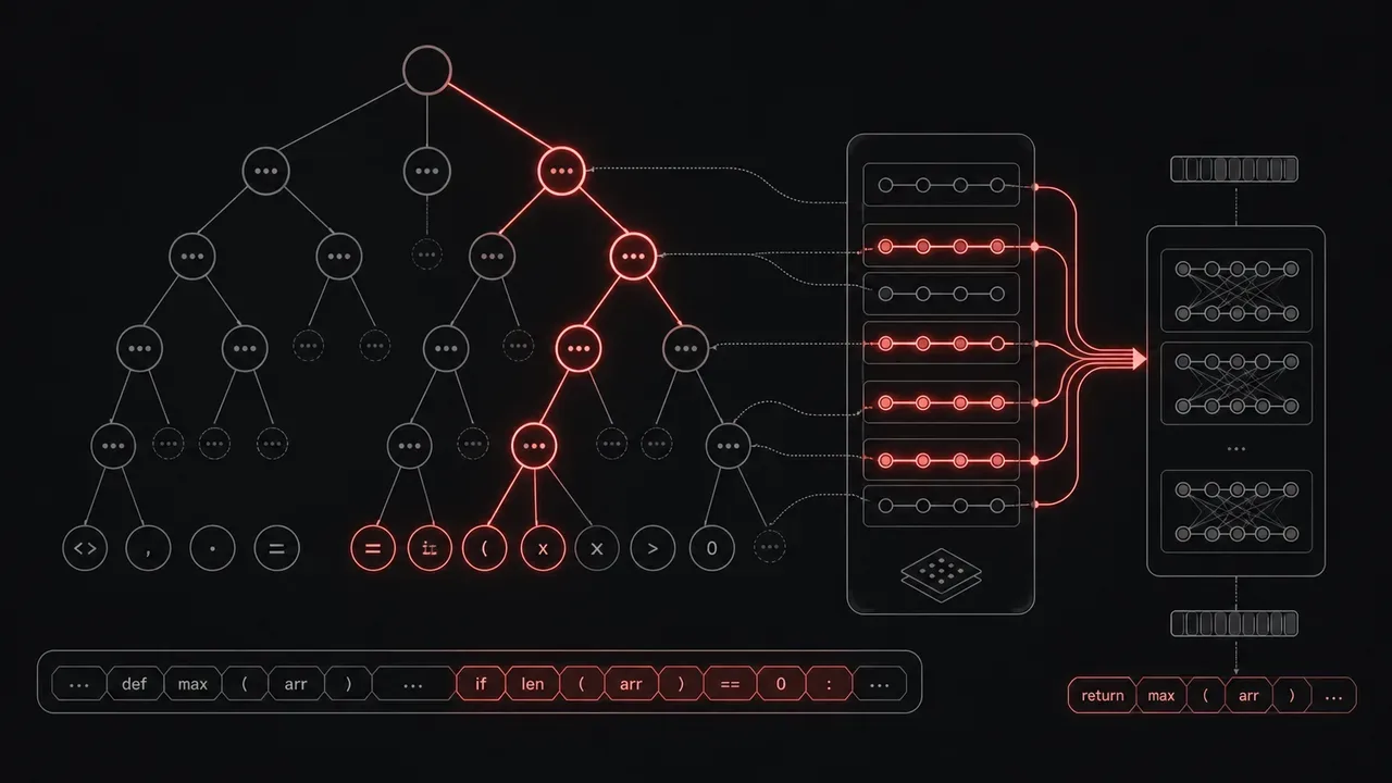 Diagrama técnico da arquitetura de árvore RadixTree para prefix caching em LLMs sobre fundo grafite escuro com ramos ativos iluminados em carmim