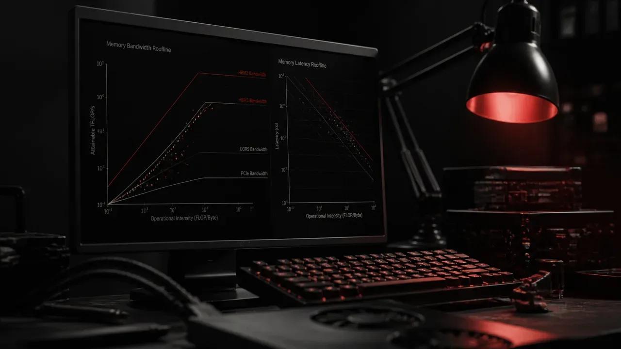 Ambiente de trabalho de engenharia com terminal exibindo gráficos de latência e consumo de memória sob iluminação suave de estúdio e luminária carmim
