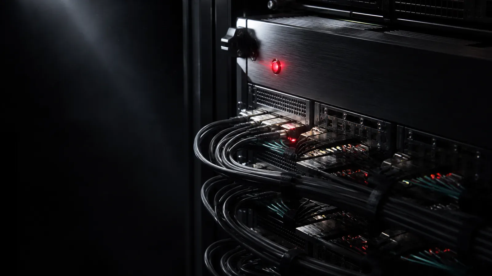 Servidor de inferência de IA de alta densidade em rack de datacenter escuro com cabos ópticos e indicador LED carmim iluminado no chassi