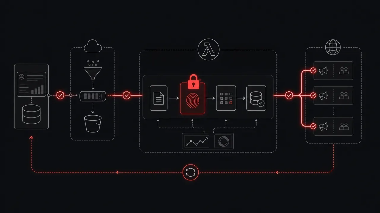 Bancada técnica de engenharia exibindo projeção prismática de identificadores determinísticos e criptografia SHA256 sobre superfície metálica com recorte carmim