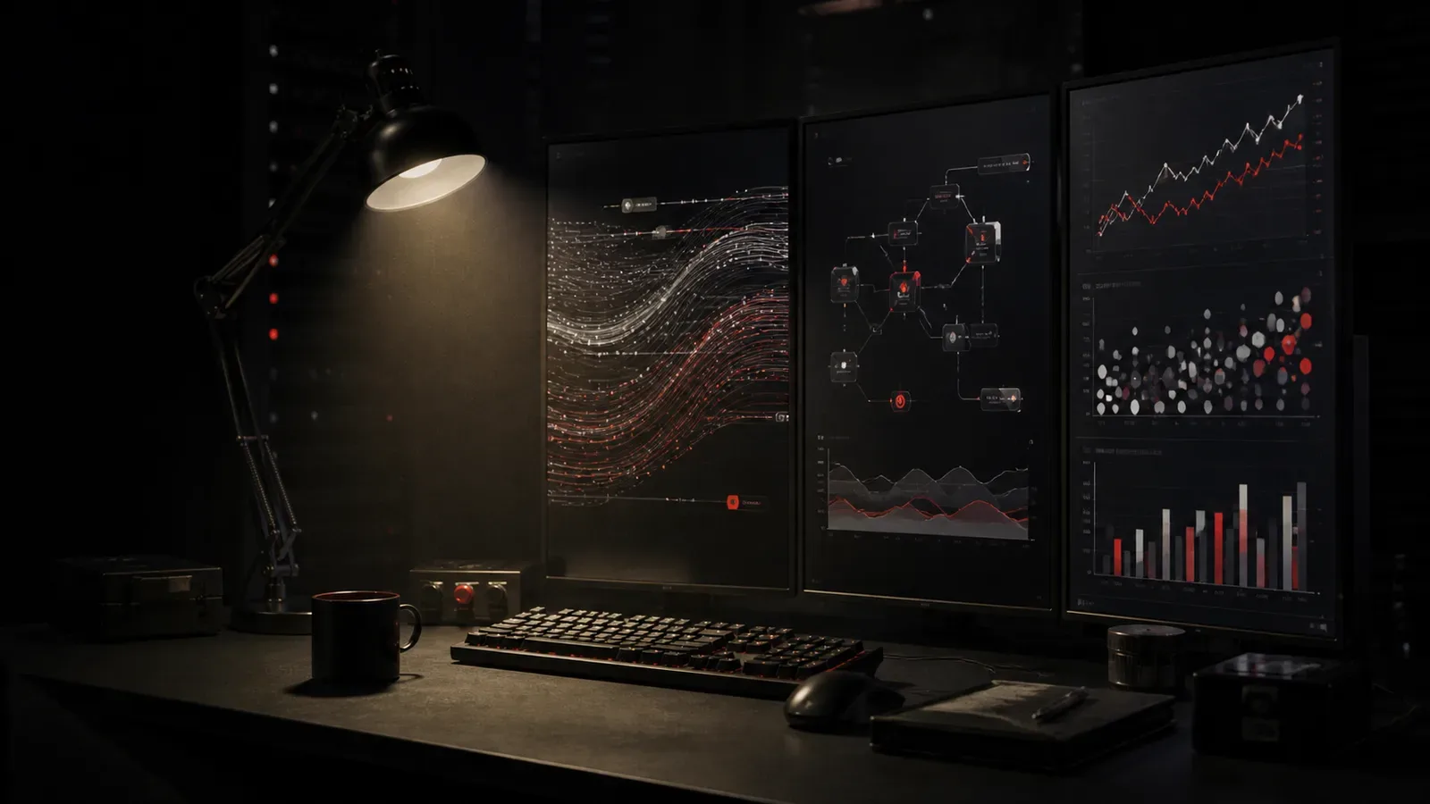 Telemetria de dados offline conectando infraestrutura de CRM corporativo ao leilão algorítmico em ambiente chiaroscuro com indicador carmim