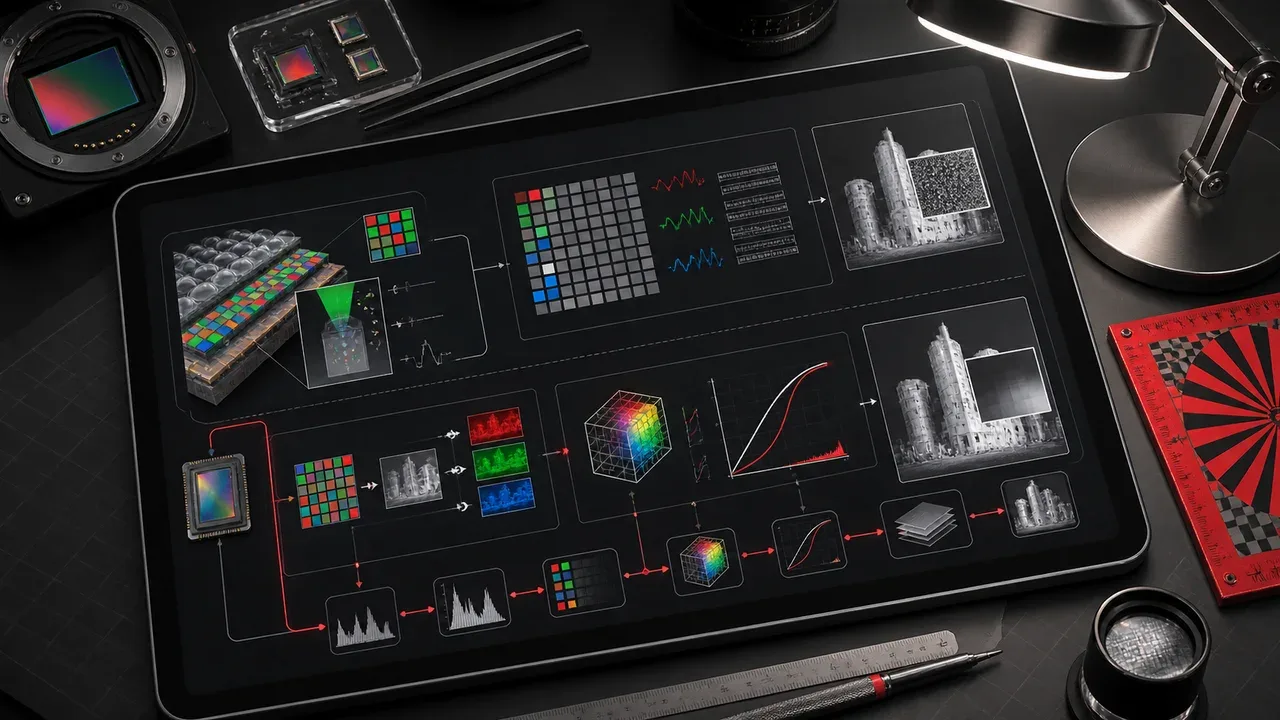 Estação DIT e pós-produção com monitores de referência calibrados exibindo sinal logarítmico e curvas de transferência de cor em software de color grading