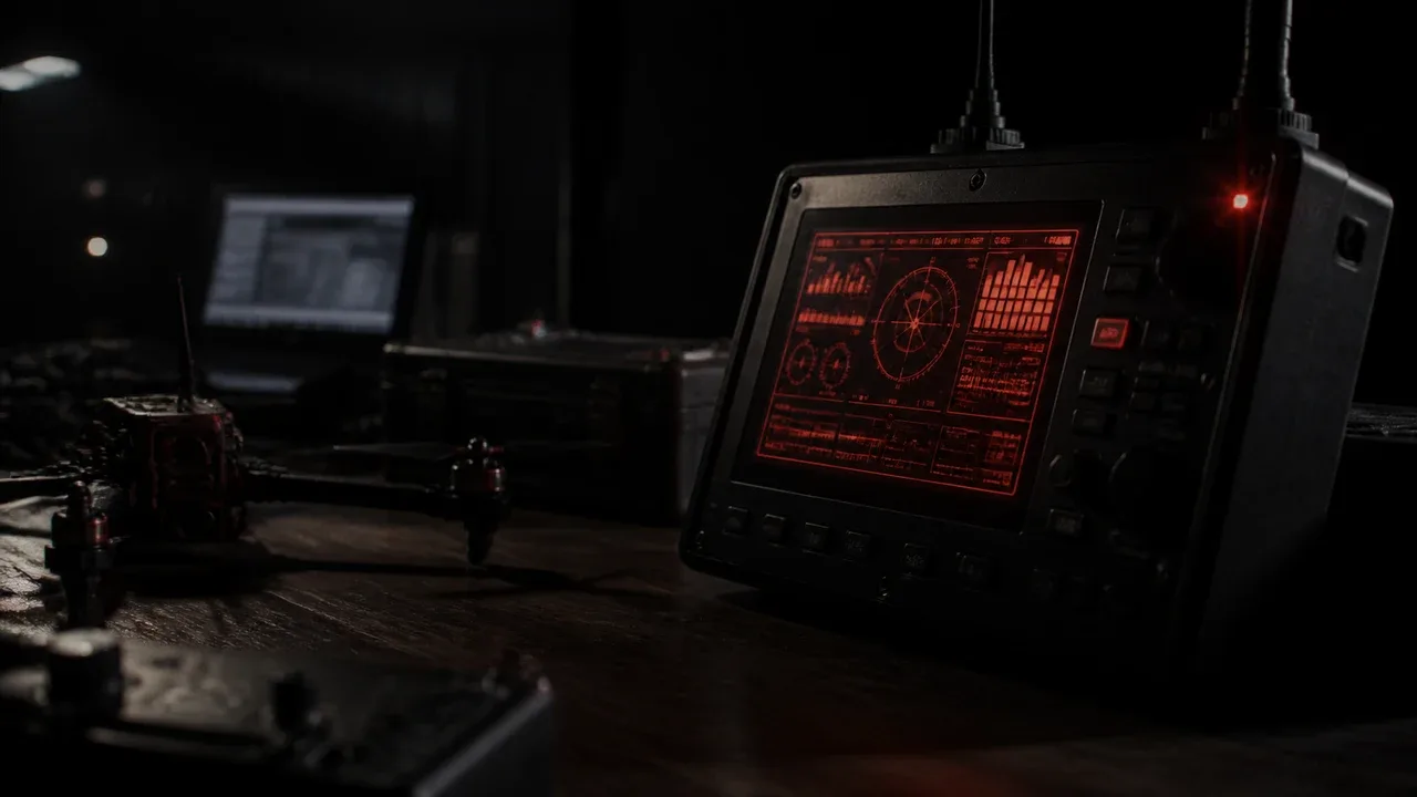 Painel eletrônico de controle de voo com display âmbar-vermelho aceso sobre bancada de operador FPV à noite