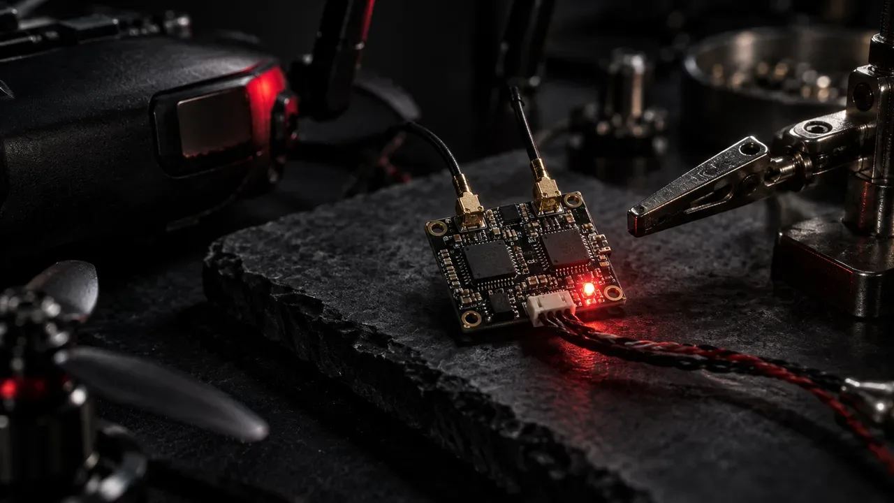 Módulo de receptor ExpressLRS com microcontrolador e antena em bancada escura de montagem com iluminação carmim de realce