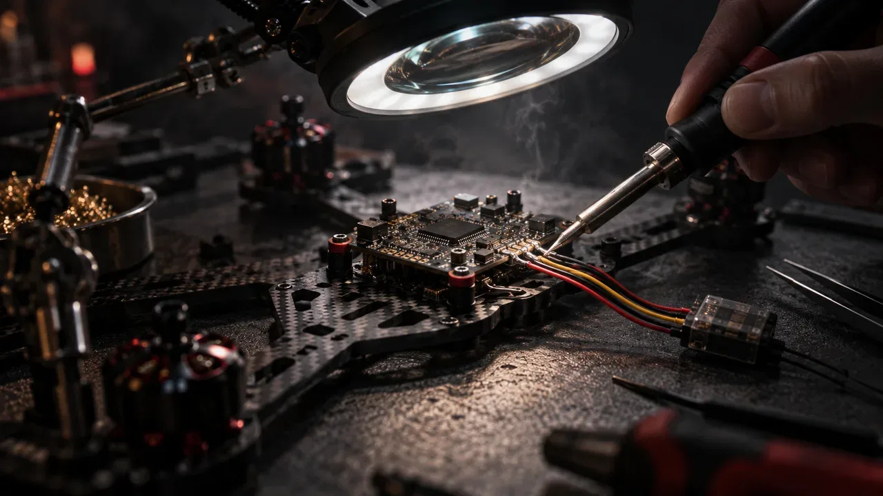 Soldagem de precisão de condutores de silicone conectando o receptor ao barramento UART da controladora com iluminação carmim