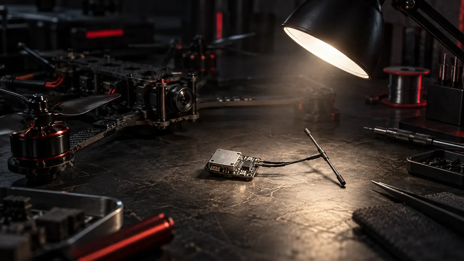 Receptor compacto para drone FPV com fiação de silicone e antena em bancada escura de testes com iluminação focal