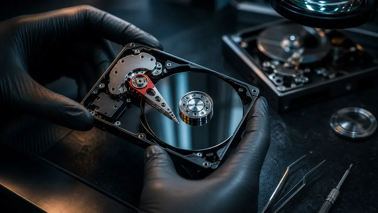 Técnico analisando HD aberto em bancada com ambiente controlado