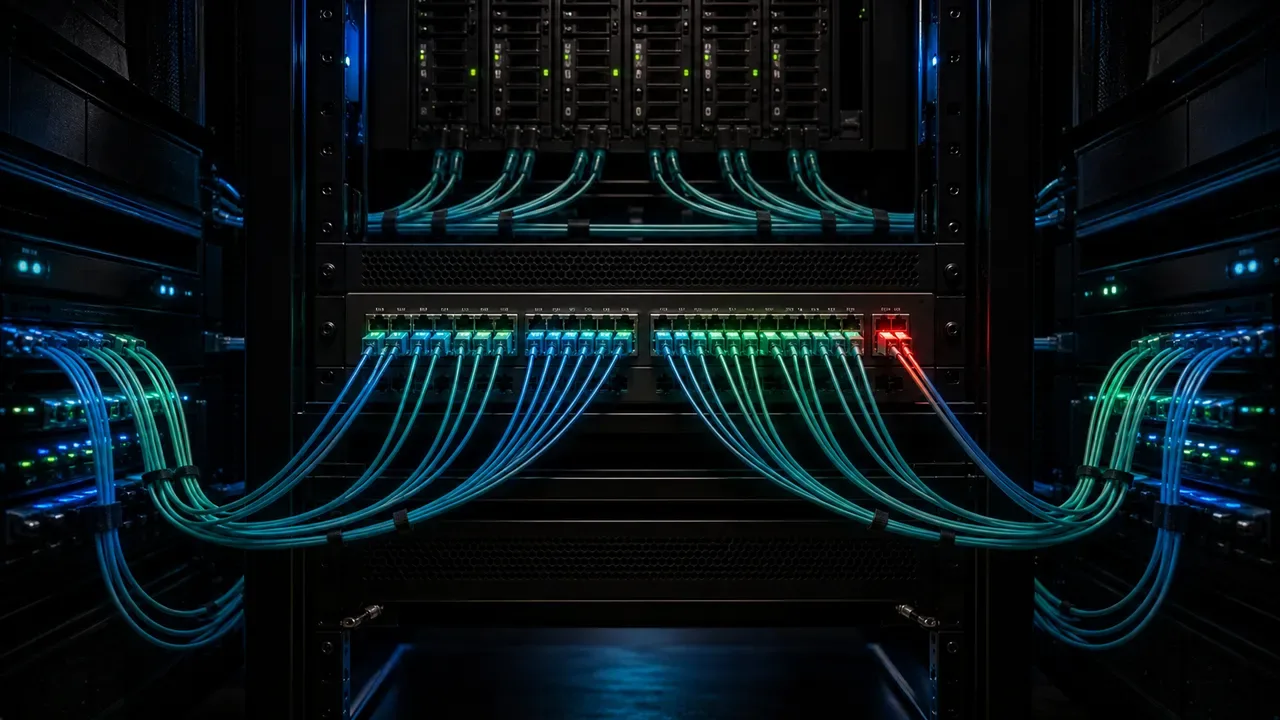 Switch 10GbE conectado a NAS e workstations em rack de estúdio