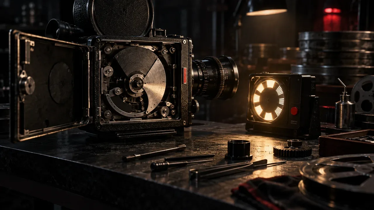 Mecanismo de obturador rotativo mecânico de 180 graus em câmera cinematográfica