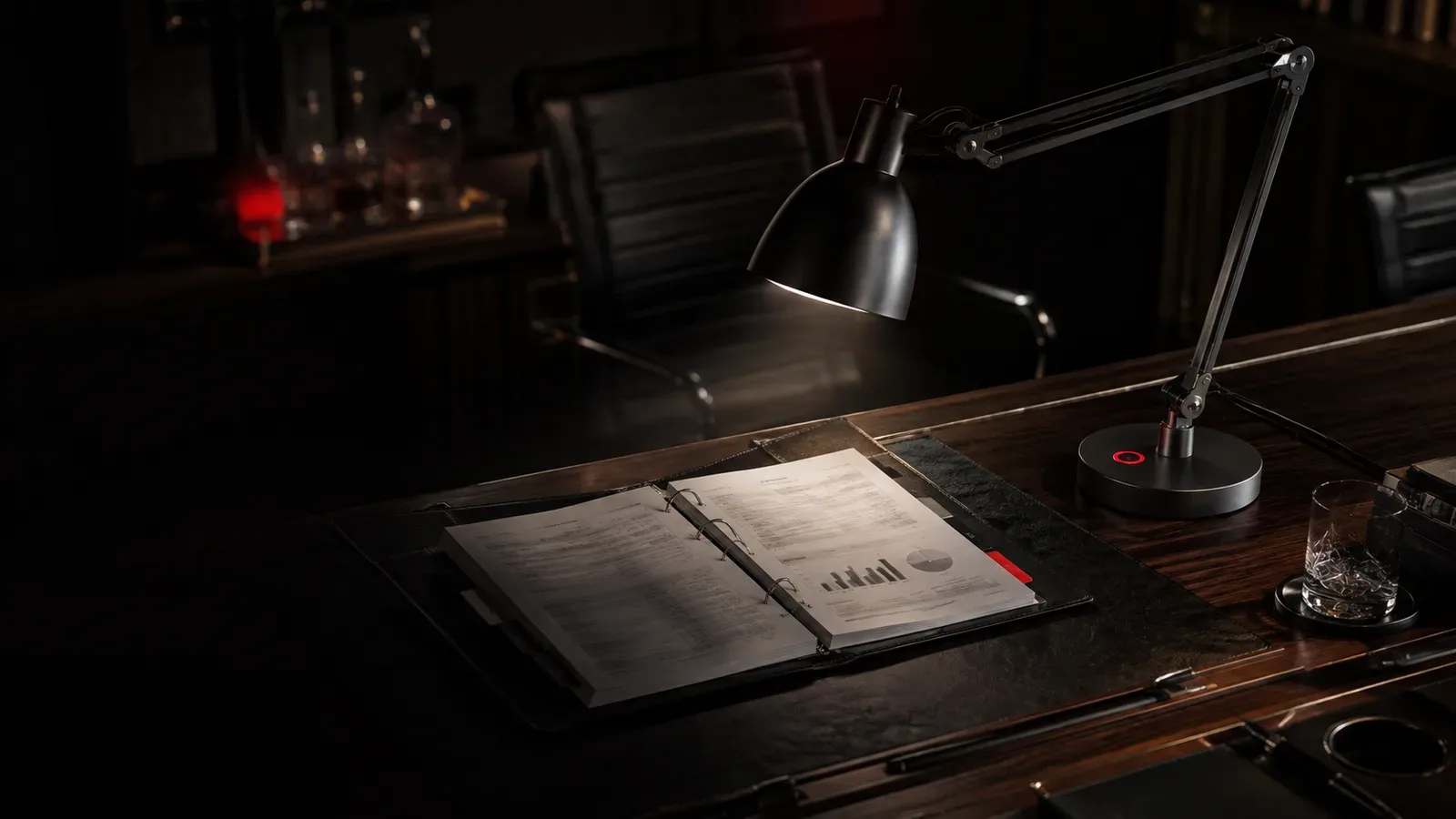 Mesa de diretoria executiva com contrato de agência aberto, anexos financeiros e luminária de mesa com anel de acionamento luminoso carmim