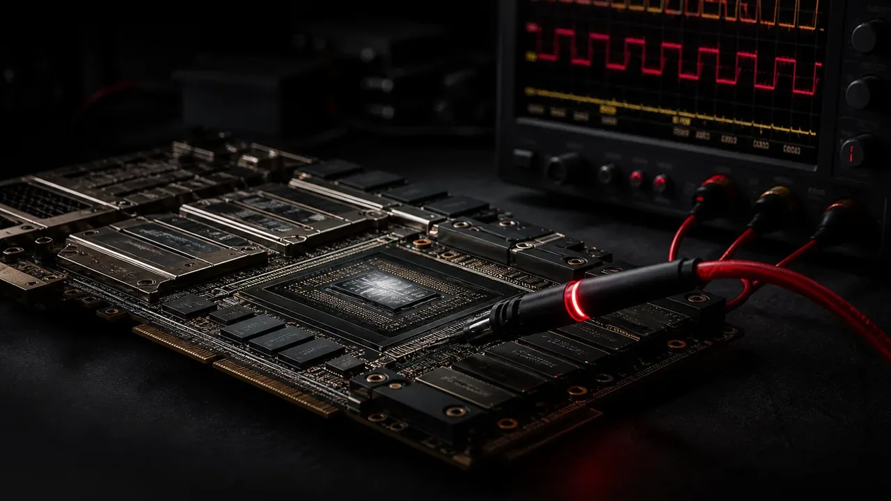 Bancada de laboratório com placa aceleradora de GPU aberta e ponta de prova com acento carmim conectada