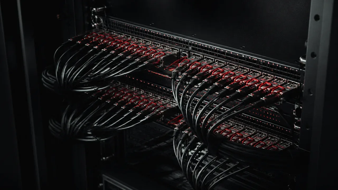 Painel frontal de switch fabric de rede InfiniBand de 64 portas com conectores ópticos QSFP-DD e travas carmim