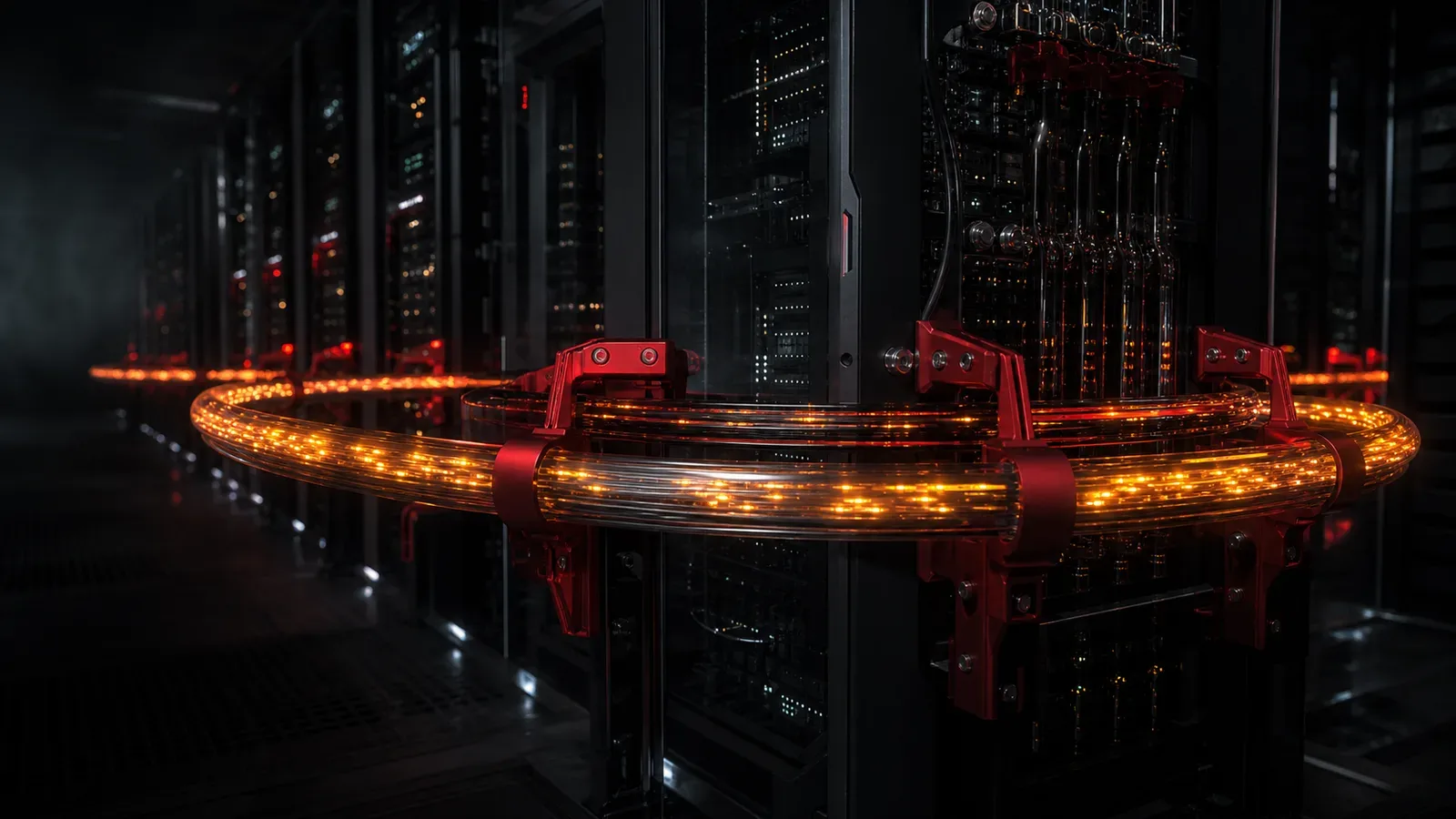 Corredor de datacenter de alta densidade para supercomputação de inteligência artificial com anel de fibra óptica e presilhas carmim